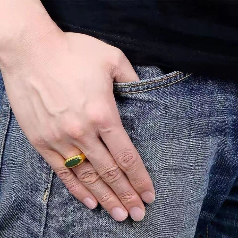 官方正品香港金戒指男霸气简约大气高档和田黄金色指环不掉色礼物